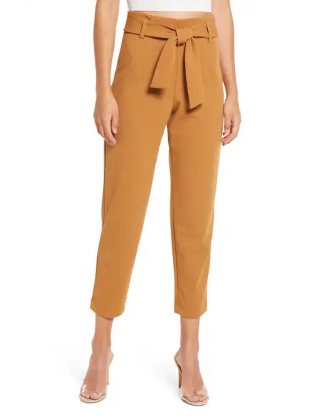 Leith Camel Tie-Waist Tapered Leg Pant High-Rise Business Casual Fall Neutral XS